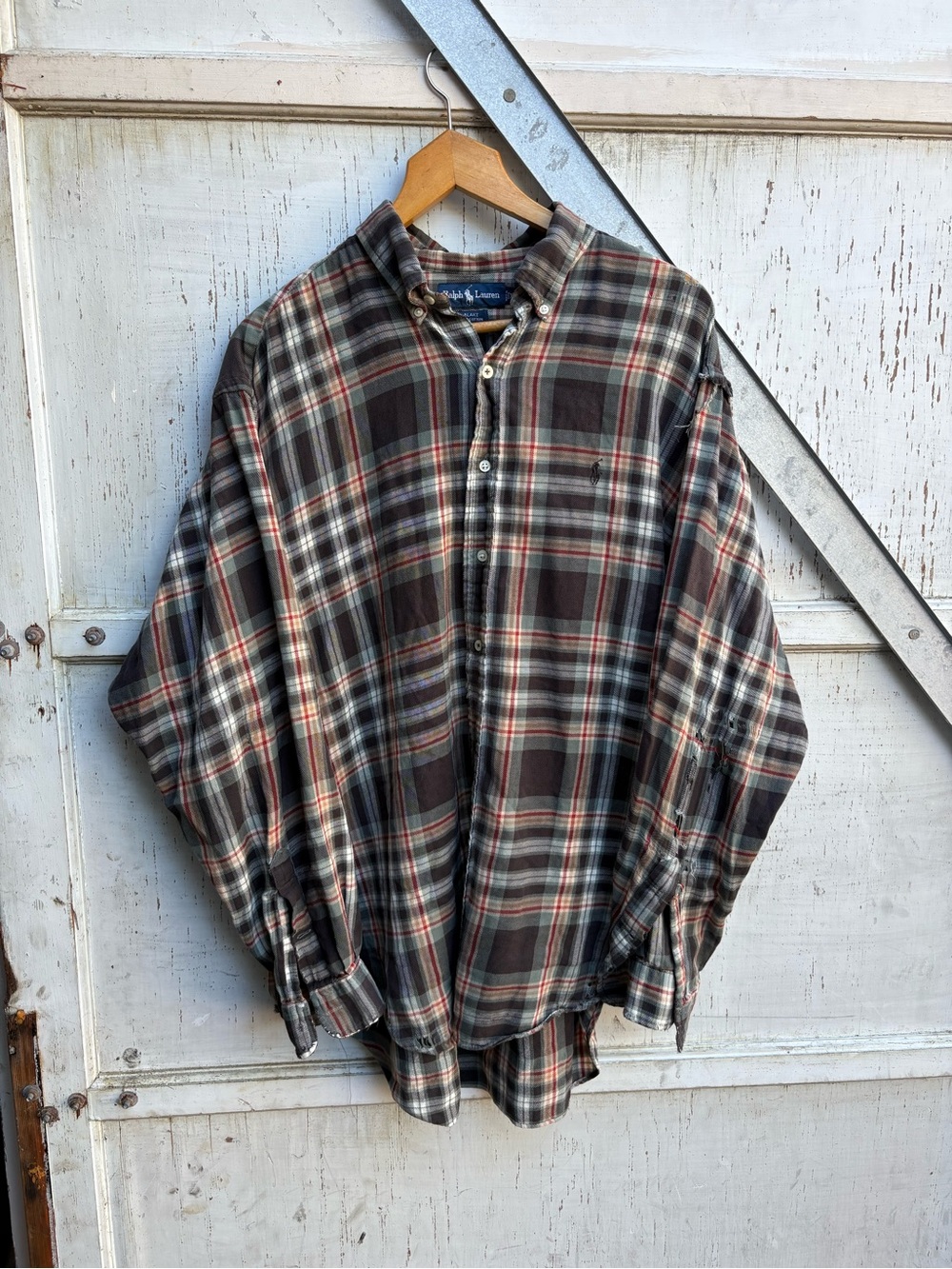 Vintage 90s Polo Ralph Lauren Plaid Red Green Brown Distressed Flannel Shirt XL